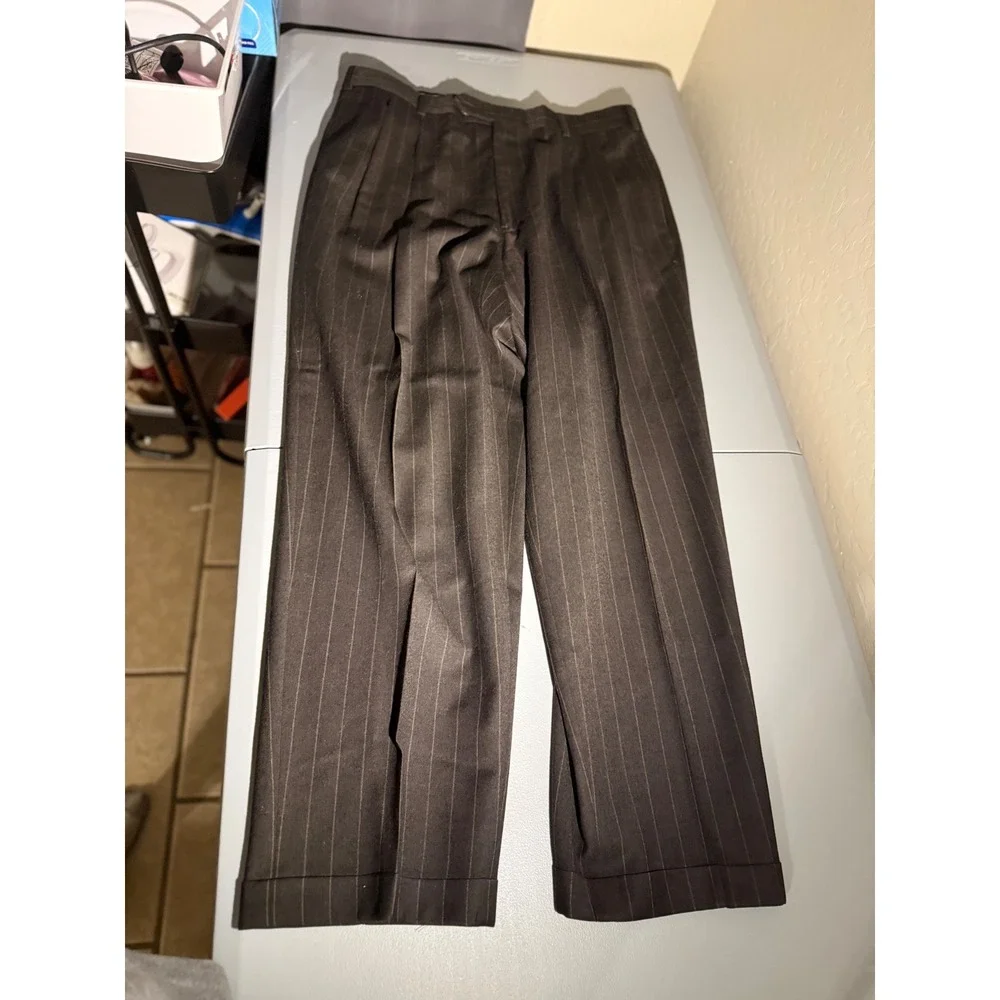 Tommy Hilfiger Mens Brown Pinstripe 2 Piece Suit Blazer Pleated Pants Dillard's